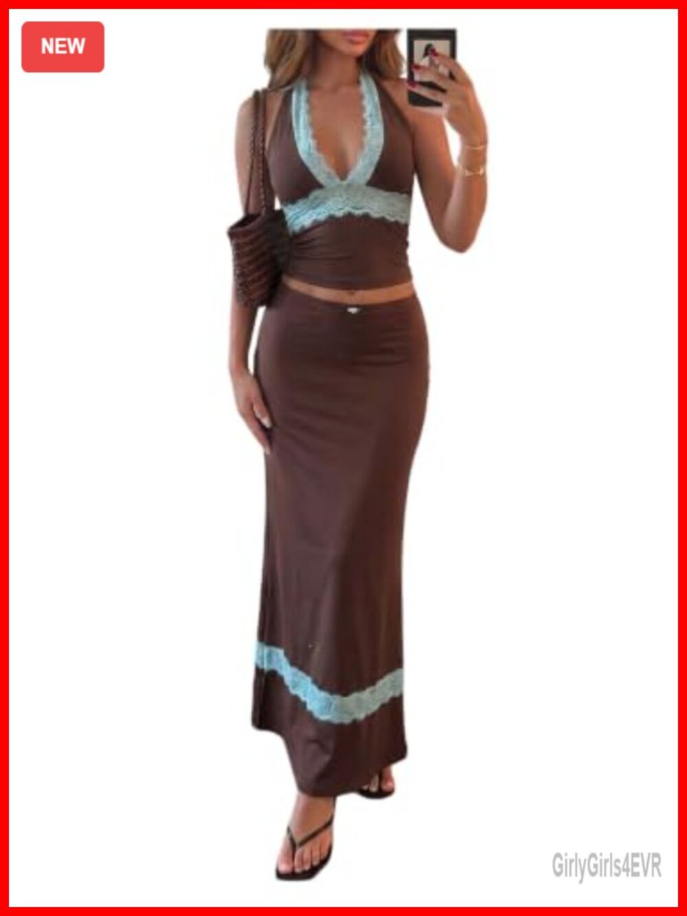 Lace Two Piece Set Crop Halter Top Fishtail Maxi Skirt Sleeveless Fitted